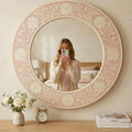 Pink Floral Wall Mirror Bone Inlay Handmade Vanity Decor