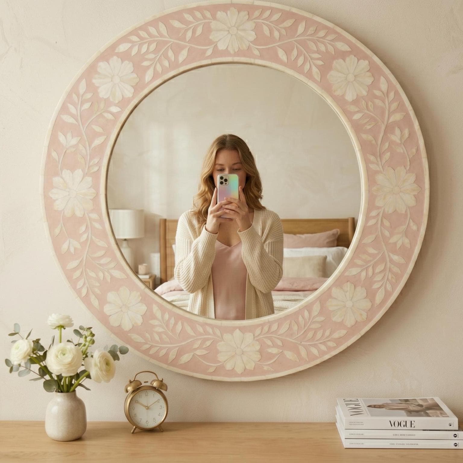 Pink Floral Wall Mirror Bone Inlay Handmade Vanity Decor