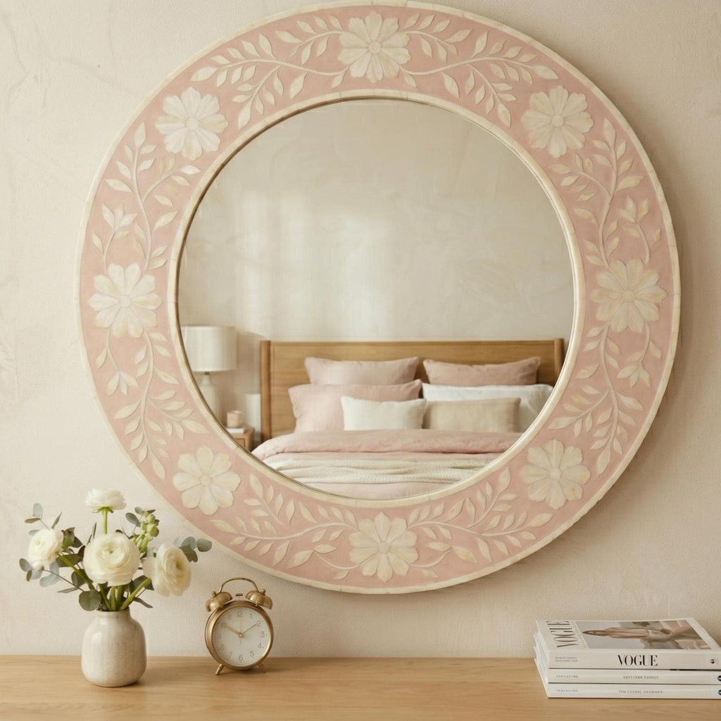 Pink Floral Wall Mirror Bone Inlay Handmade Vanity Decor