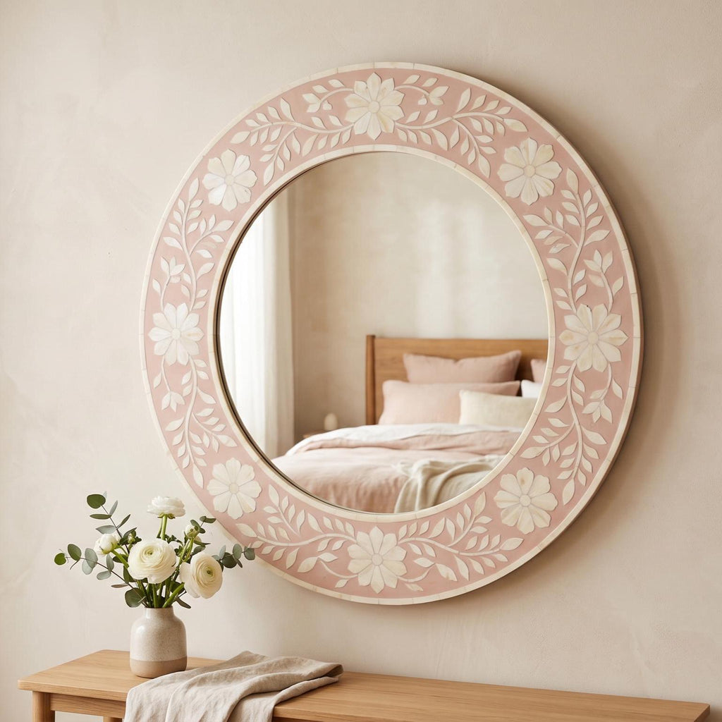 Pink Floral Wall Mirror Bone Inlay Handmade Vanity Decor