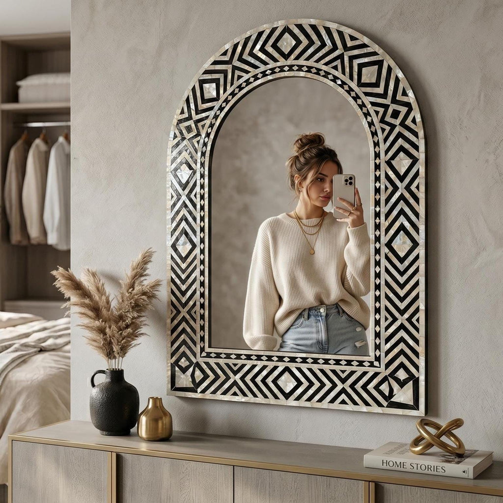 Mother of Pearl inlay Arch Mirror handmade Black Ivory Geometric Design