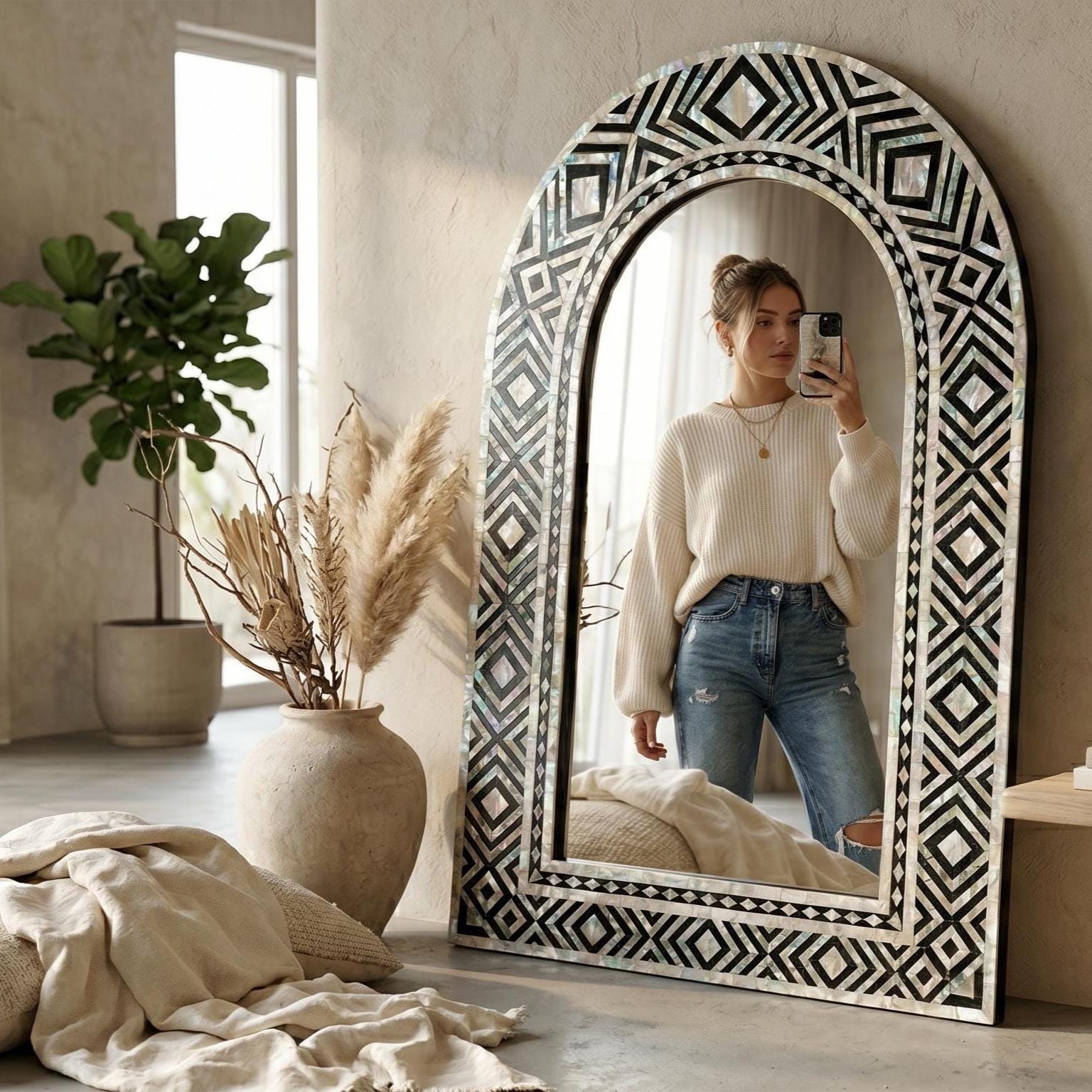 Mother of Pearl inlay Arch Mirror handmade Black Ivory Geometric Design