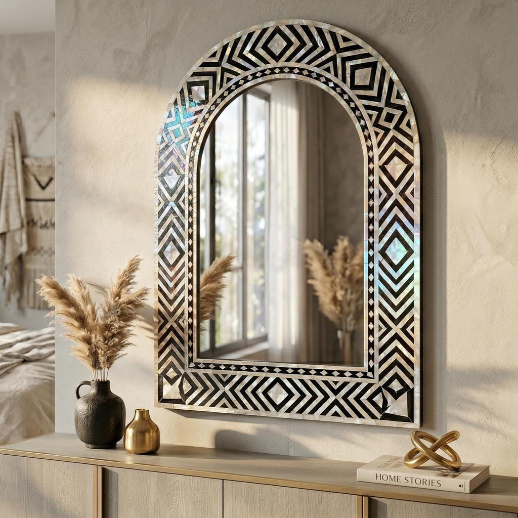Mother of Pearl inlay Arch Mirror handmade Black Ivory Geometric Design