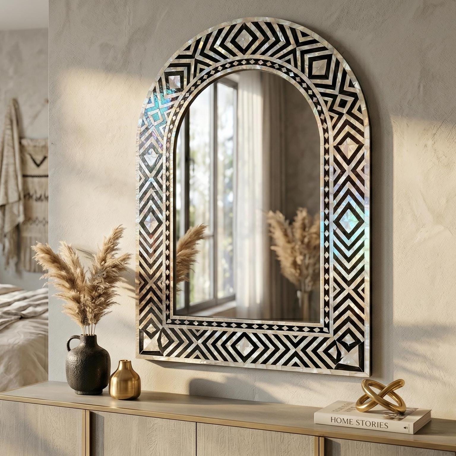 Mother of Pearl inlay Arch Mirror handmade Black Ivory Geometric Design