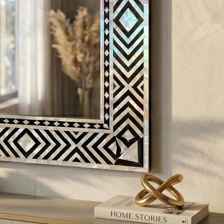 Mother of Pearl inlay Arch Mirror handmade Black Ivory Geometric Design