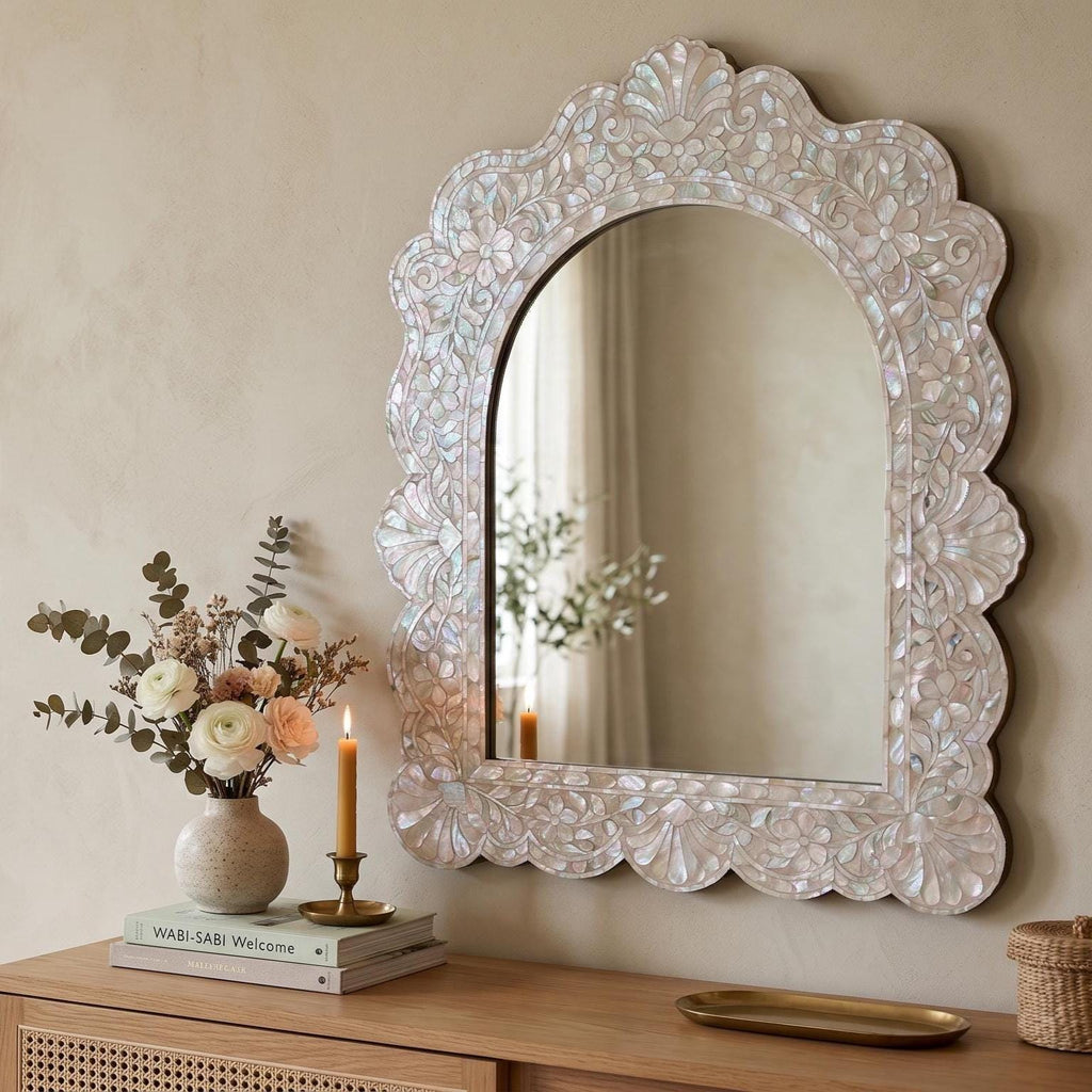 Scalloped Arch Mother of Pearl Mirror Floral Mosaic Wall Decor blush pink