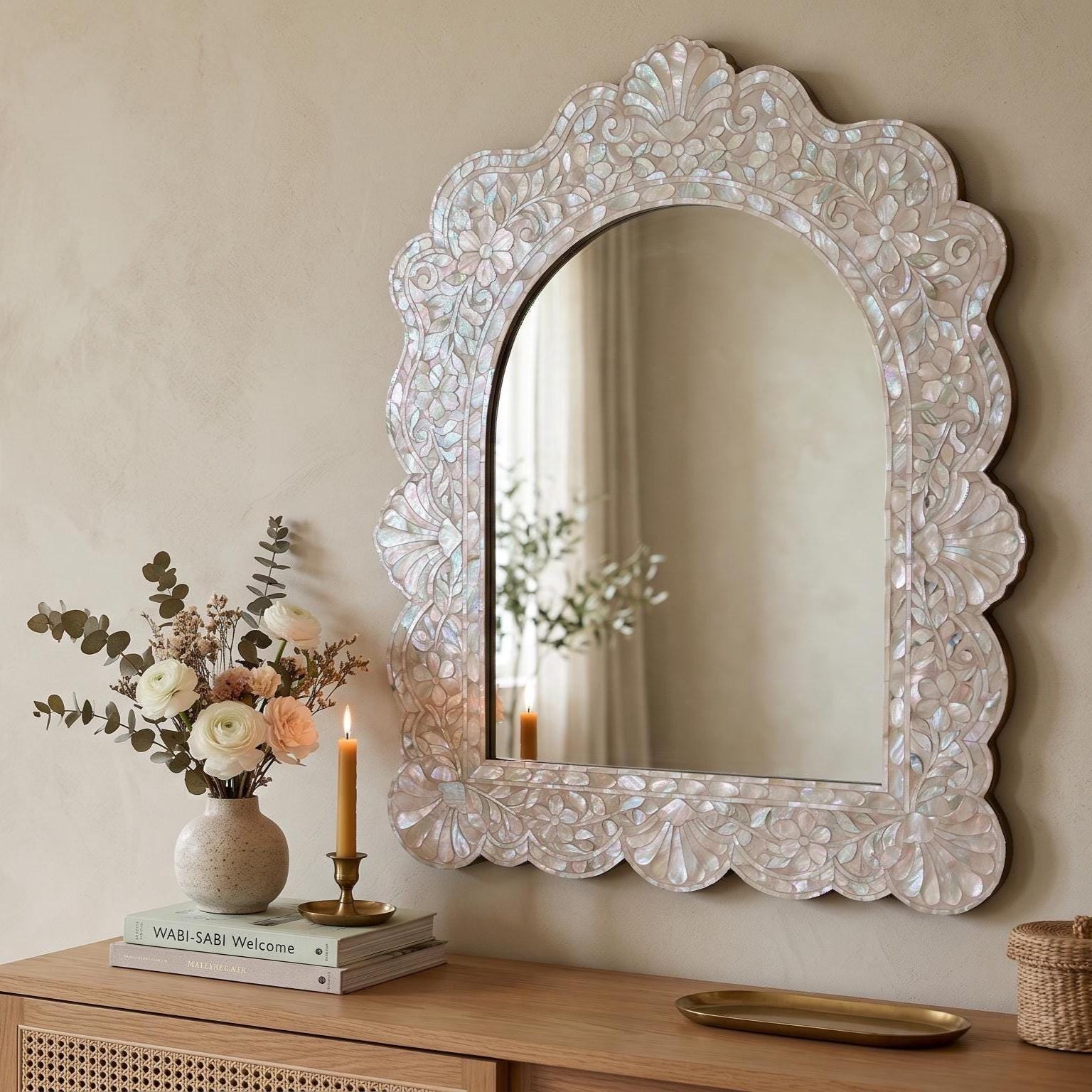 Scalloped Arch Mother of Pearl Mirror Floral Mosaic Wall Decor blush pink
