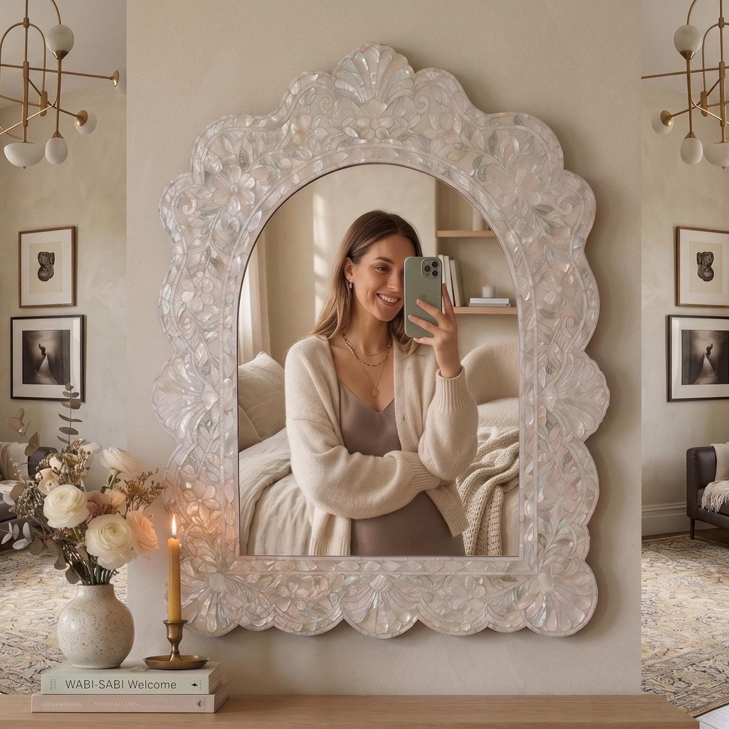 Scalloped Arch Mother of Pearl Mirror Floral Mosaic Wall Decor blush pink