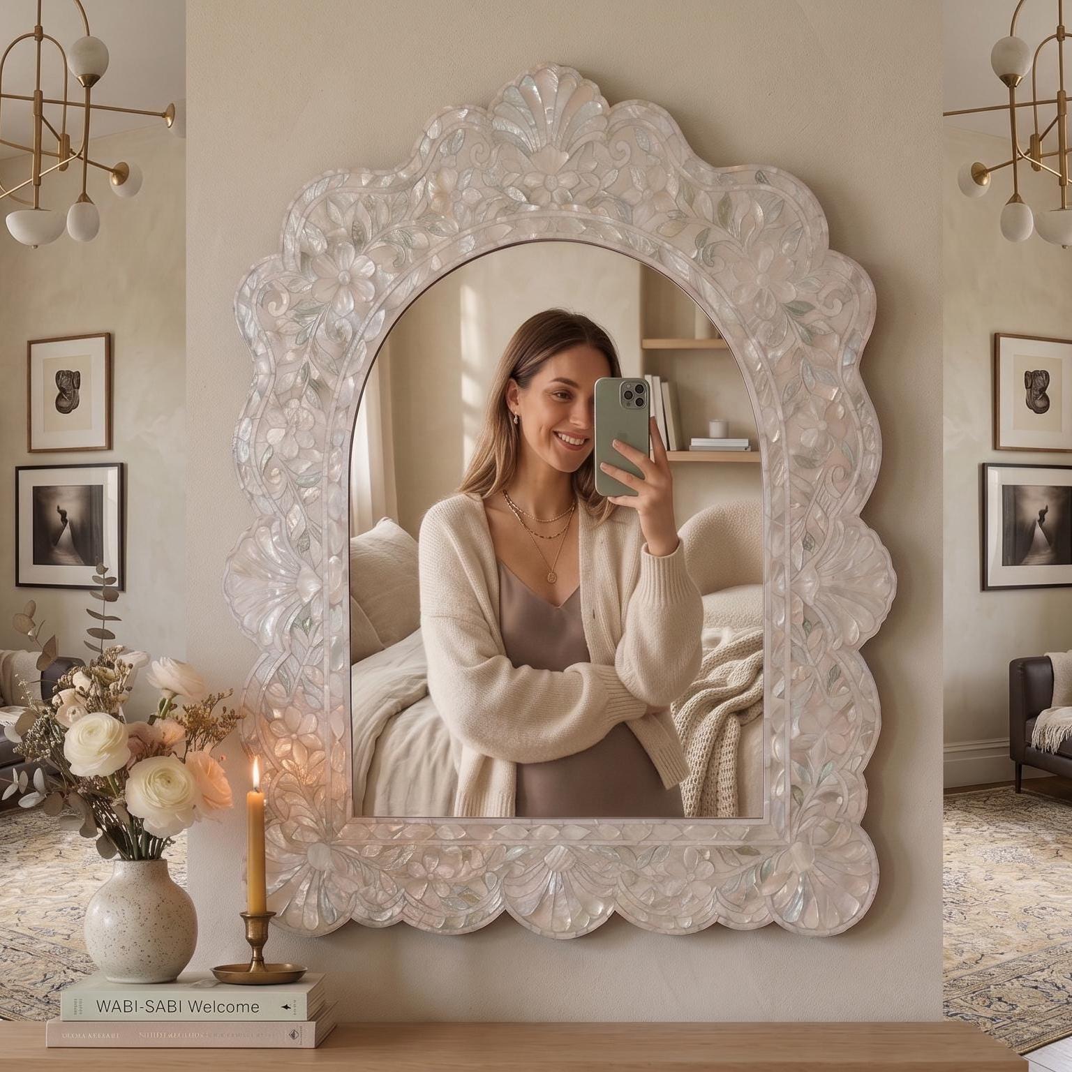 Scalloped Arch Mother of Pearl Mirror Floral Mosaic Wall Decor blush pink