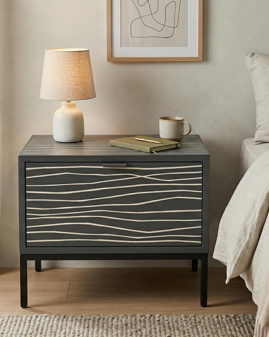 Bone Inlay Minimal Line Bedside Table – Handmade Modern Luxury Nightstand