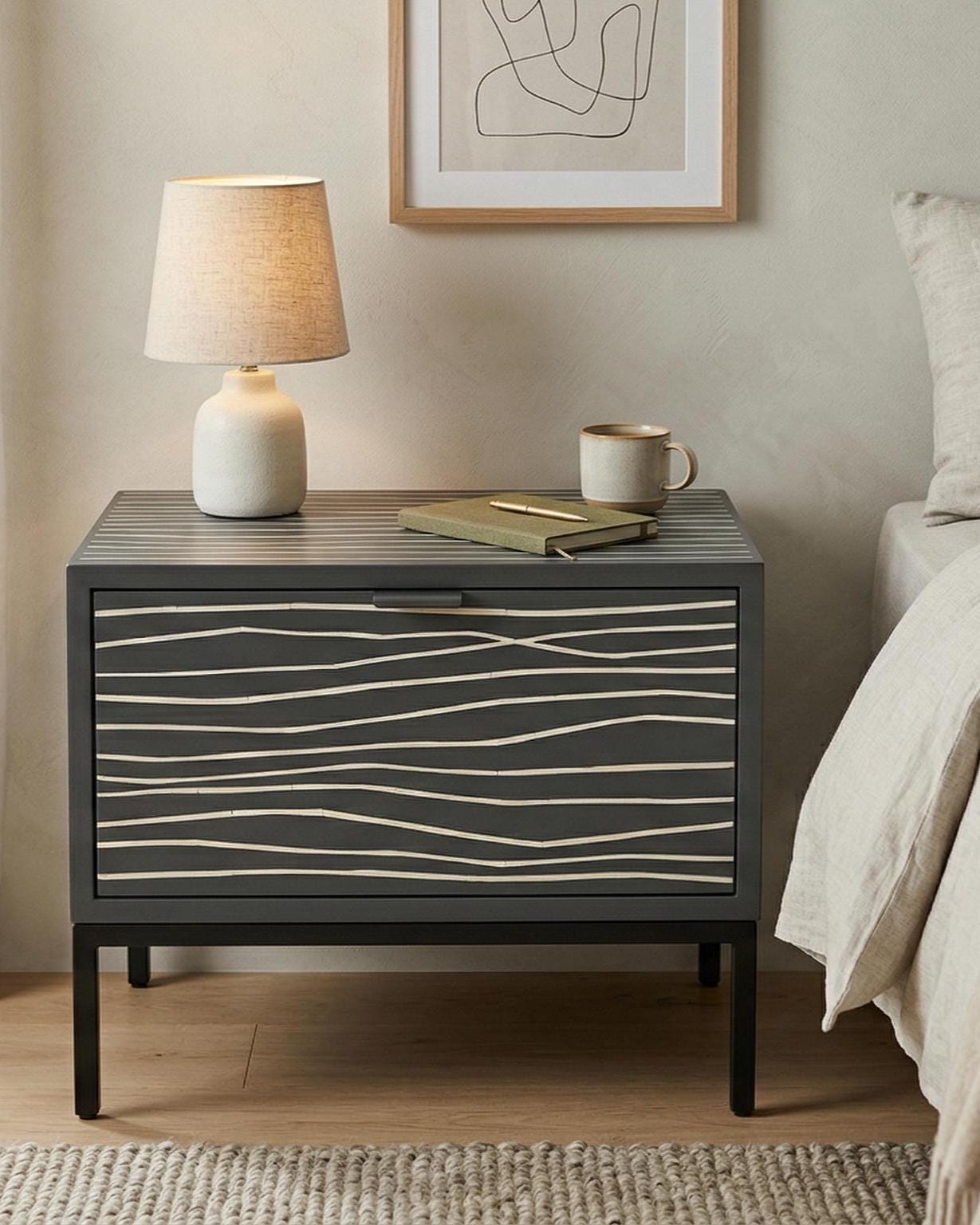 Bone Inlay Minimal Line Bedside Table – Handmade Modern Luxury Nightstand