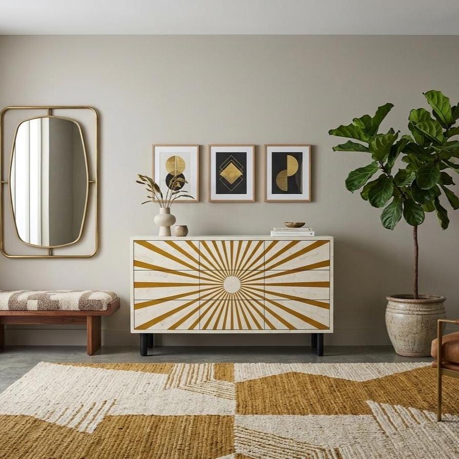 Mustard Bone Inlay Dresser – Sunburst Pattern Handmade Modern Storage luxury cabinet antique armoires