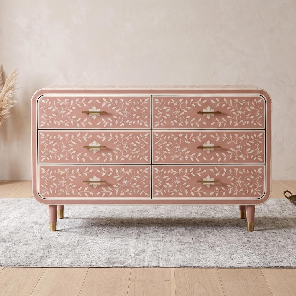 Blush Pink Bone Inlay Dresser – Minimal Floral Pattern Brass Accent Storage luxury cabinet
