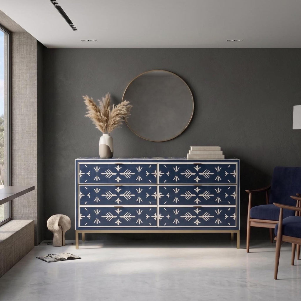 Navy Blue Bone Inlay Dresser – Handmade Minimal Pattern Modern Storage Cabinet unique