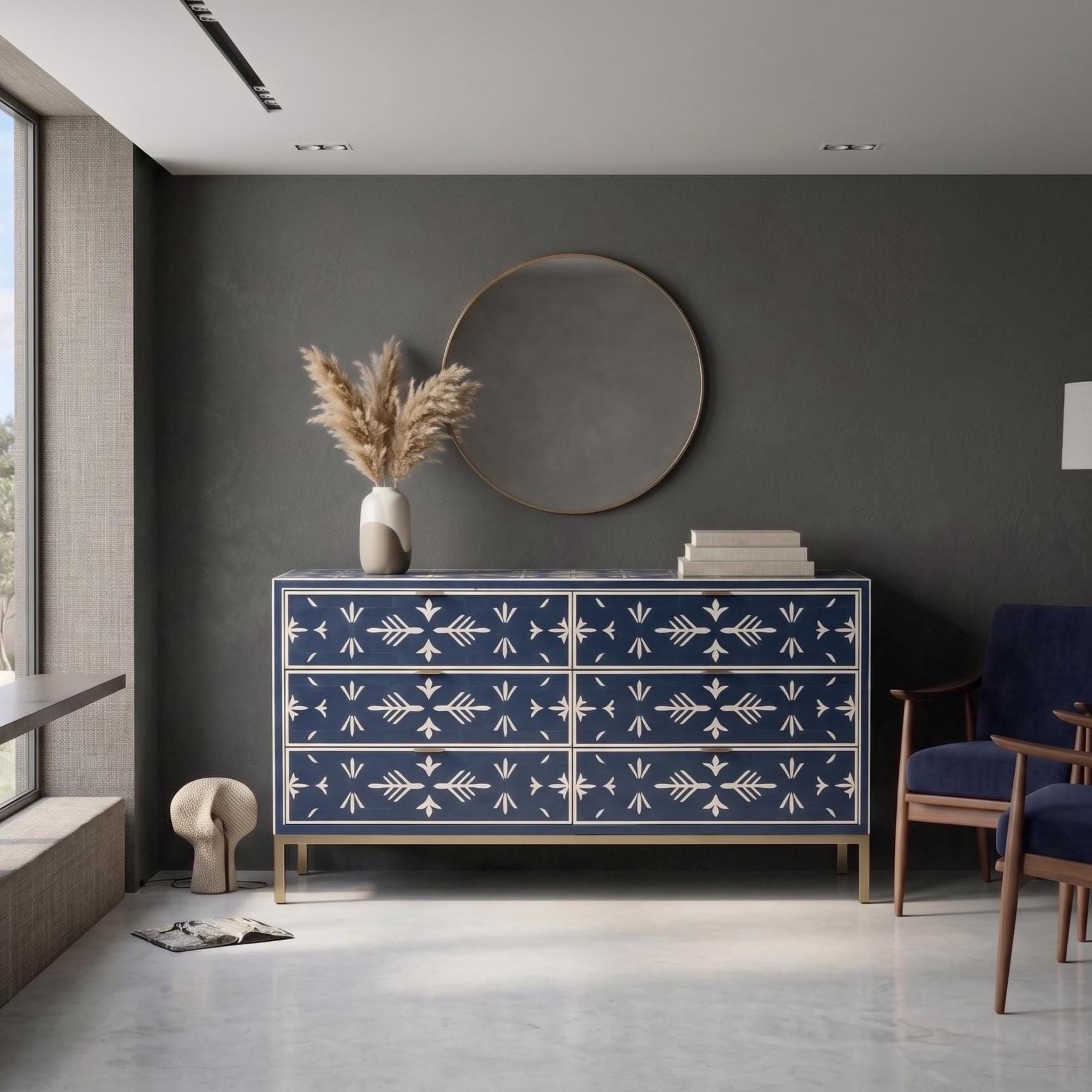 Navy Blue Bone Inlay Dresser – Handmade Minimal Pattern Modern Storage Cabinet unique