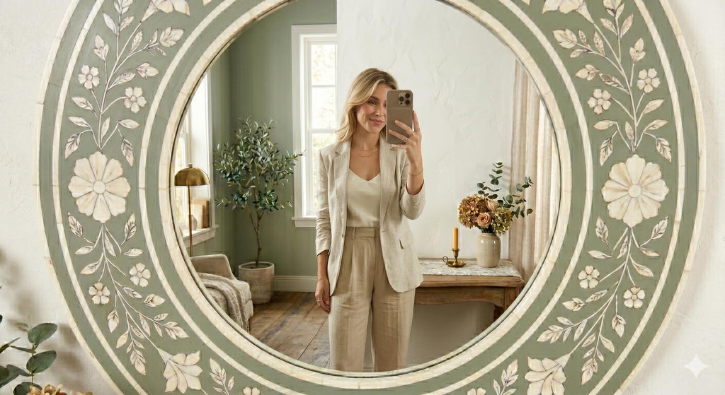 Round Sage Green Bone Inlay Mirror Floral Vanity Decor | unique mirror