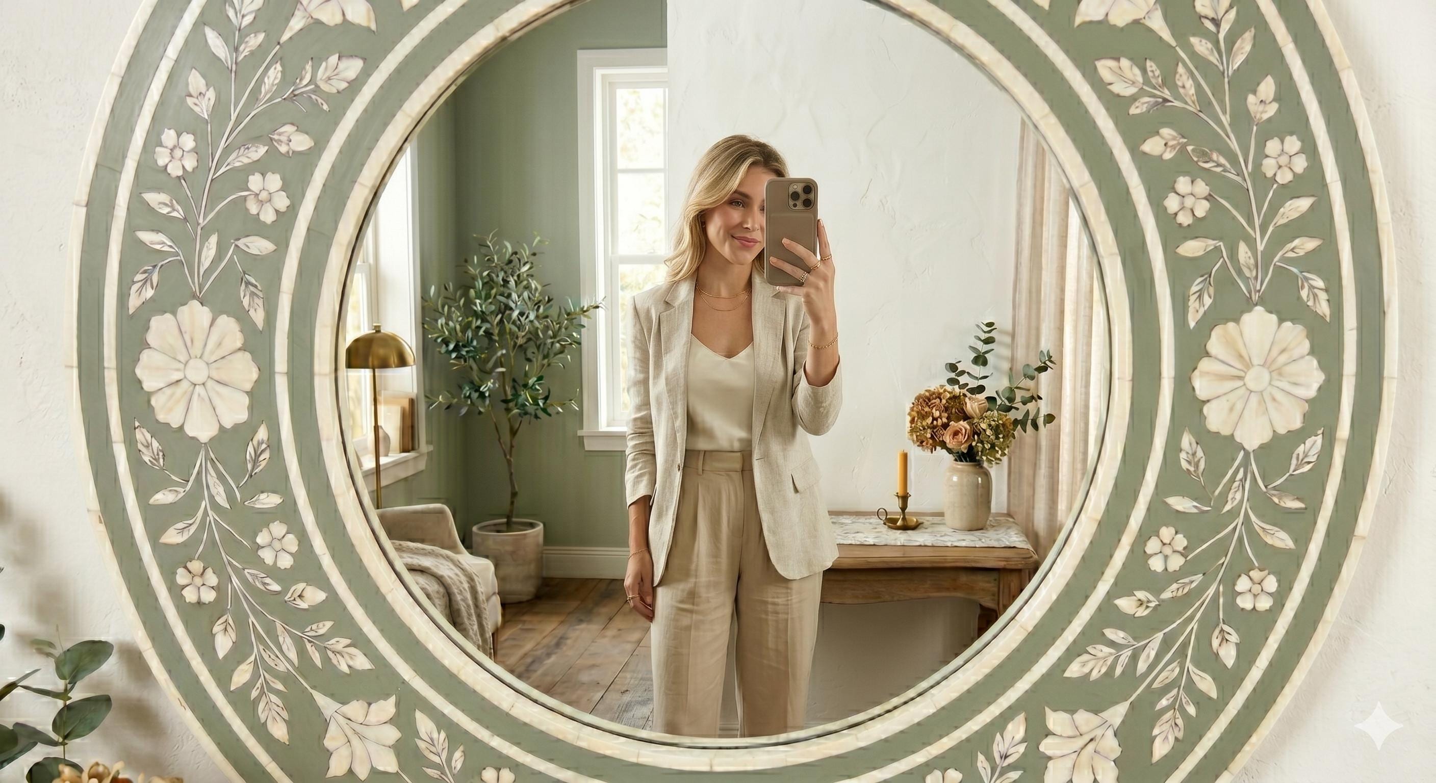 Round Sage Green Bone Inlay Mirror Floral Vanity Decor | unique mirror