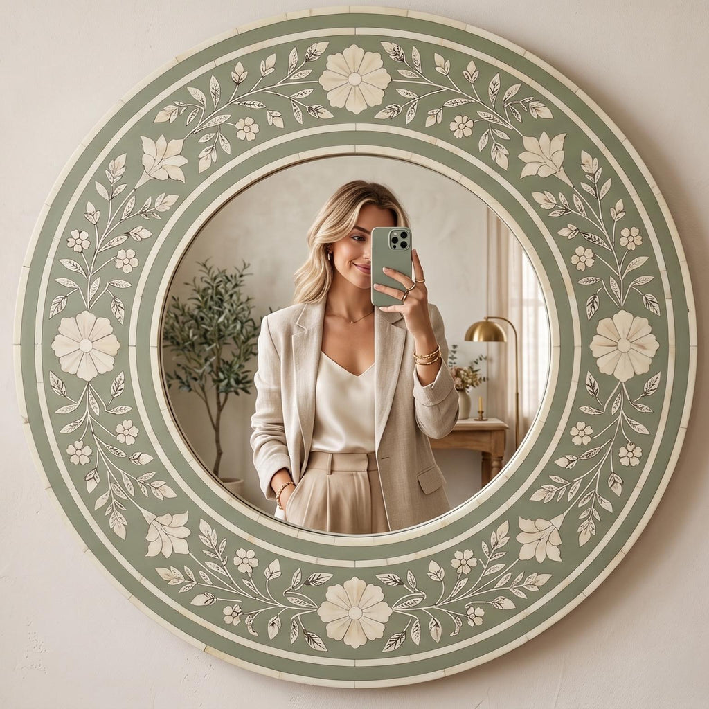 Round Sage Green Bone Inlay Mirror Floral Vanity Decor | unique mirror