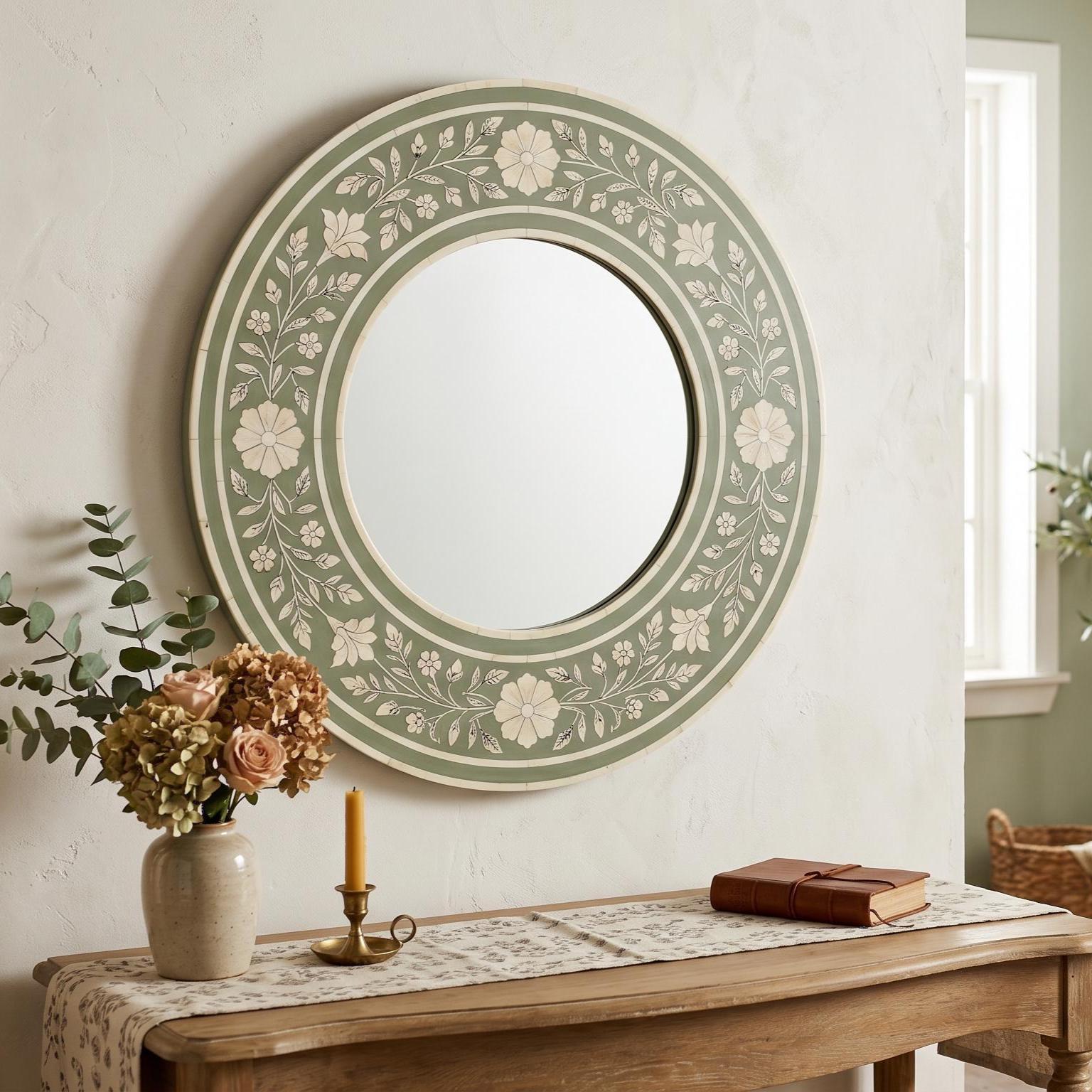 Round Sage Green Bone Inlay Mirror Floral Vanity Decor | unique mirror