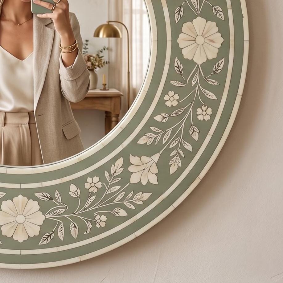 Round Sage Green Bone Inlay Mirror Floral Vanity Decor | unique mirror