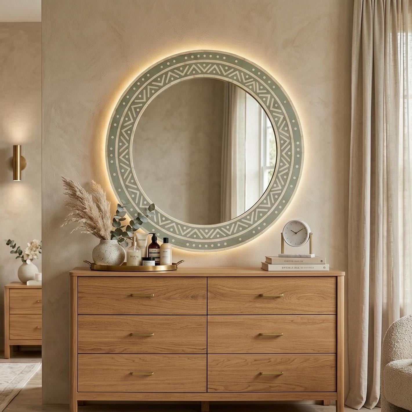 Sage Green Round Bone Inlay Mirror Minimal Pattern Design