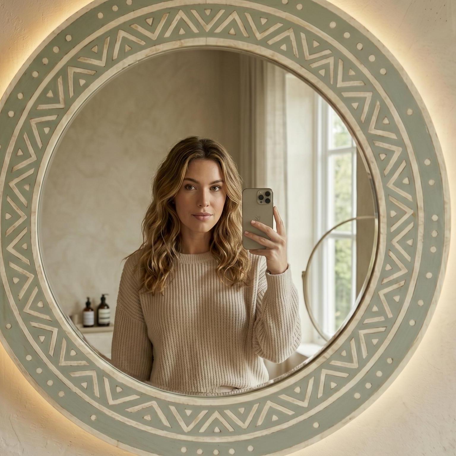 Sage Green Round Bone Inlay Mirror Minimal Pattern Design