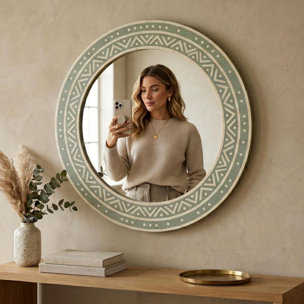 Sage Green Round Bone Inlay Mirror Minimal Pattern Design