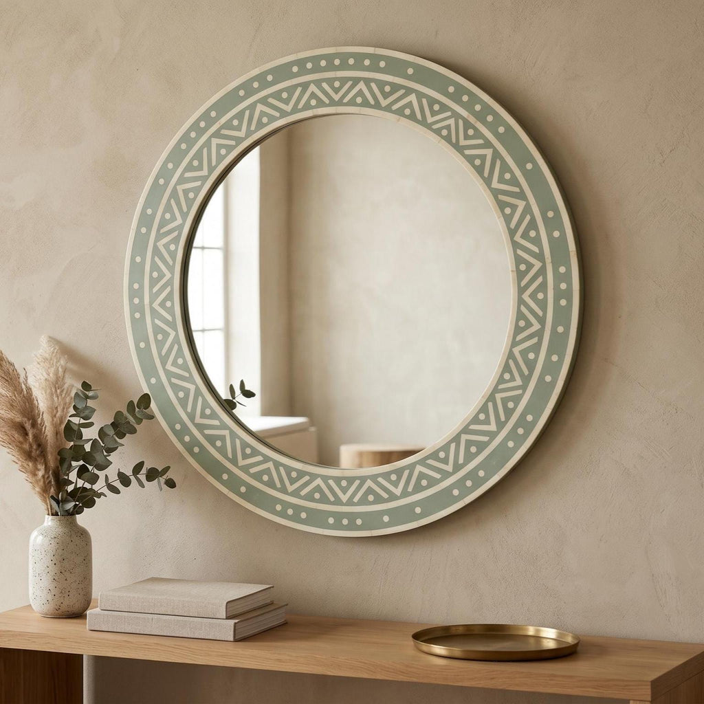 Sage Green Round Bone Inlay Mirror Minimal Pattern Design