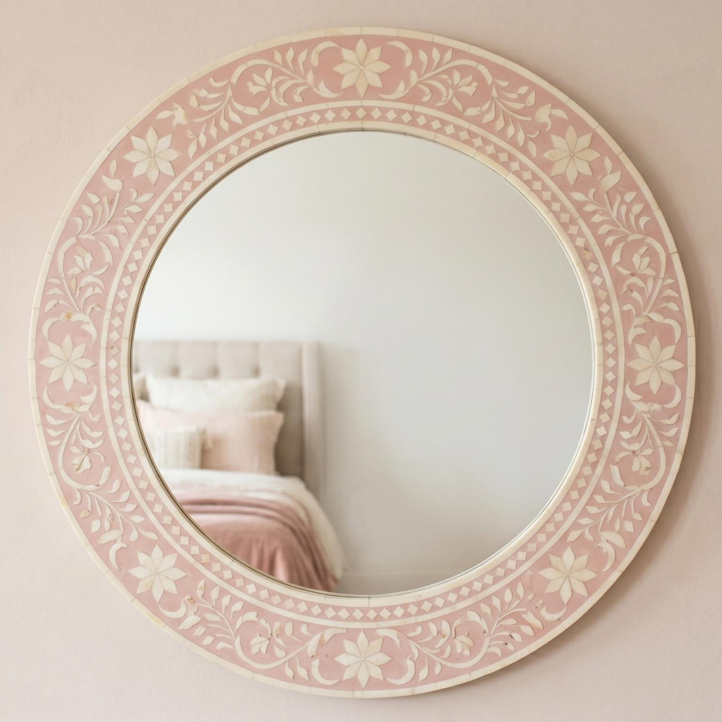 Blush Pink Floral Bone Inlay Mirror Unique Vanity Wall Decor