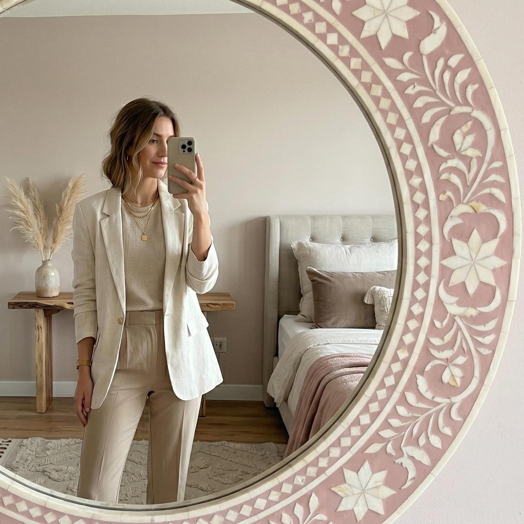 Blush Pink Floral Bone Inlay Mirror Unique Vanity Wall Decor