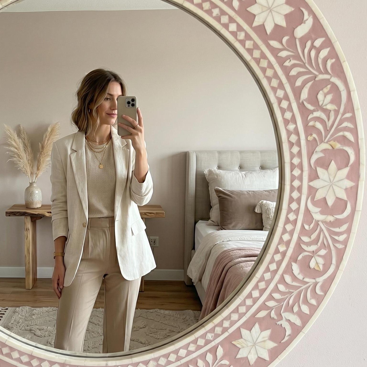 Blush Pink Floral Bone Inlay Mirror Unique Vanity Wall Decor