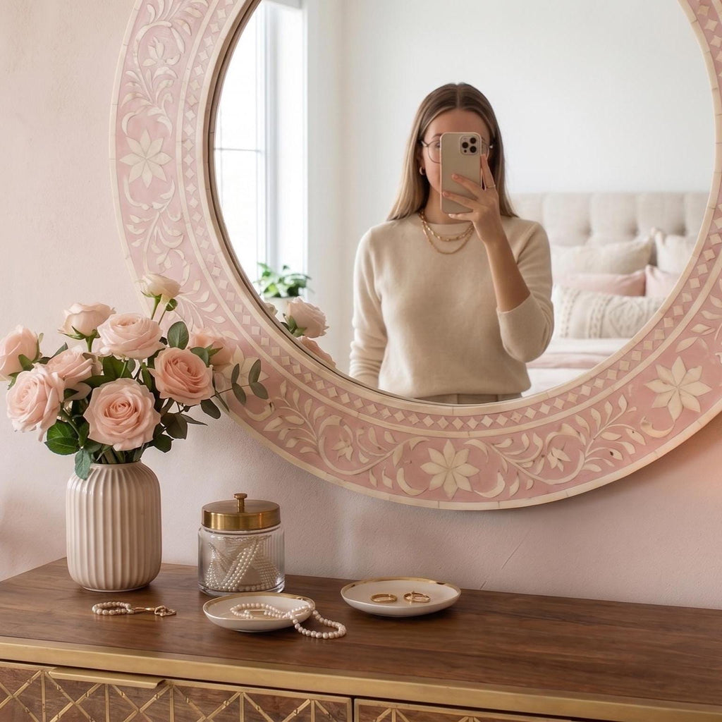 Blush Pink Floral Bone Inlay Mirror Unique Vanity Wall Decor