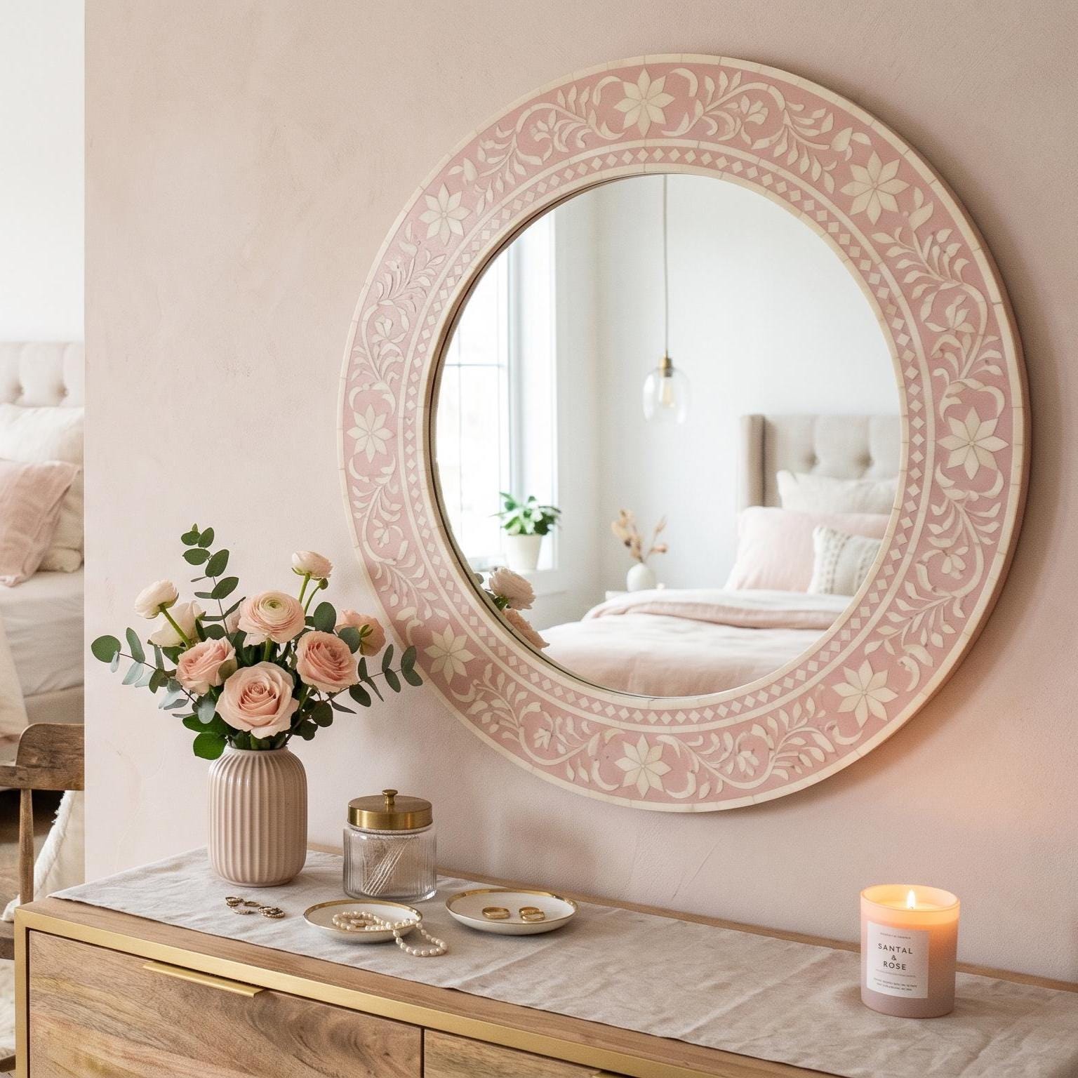 Blush Pink Floral Bone Inlay Mirror Unique Vanity Wall Decor
