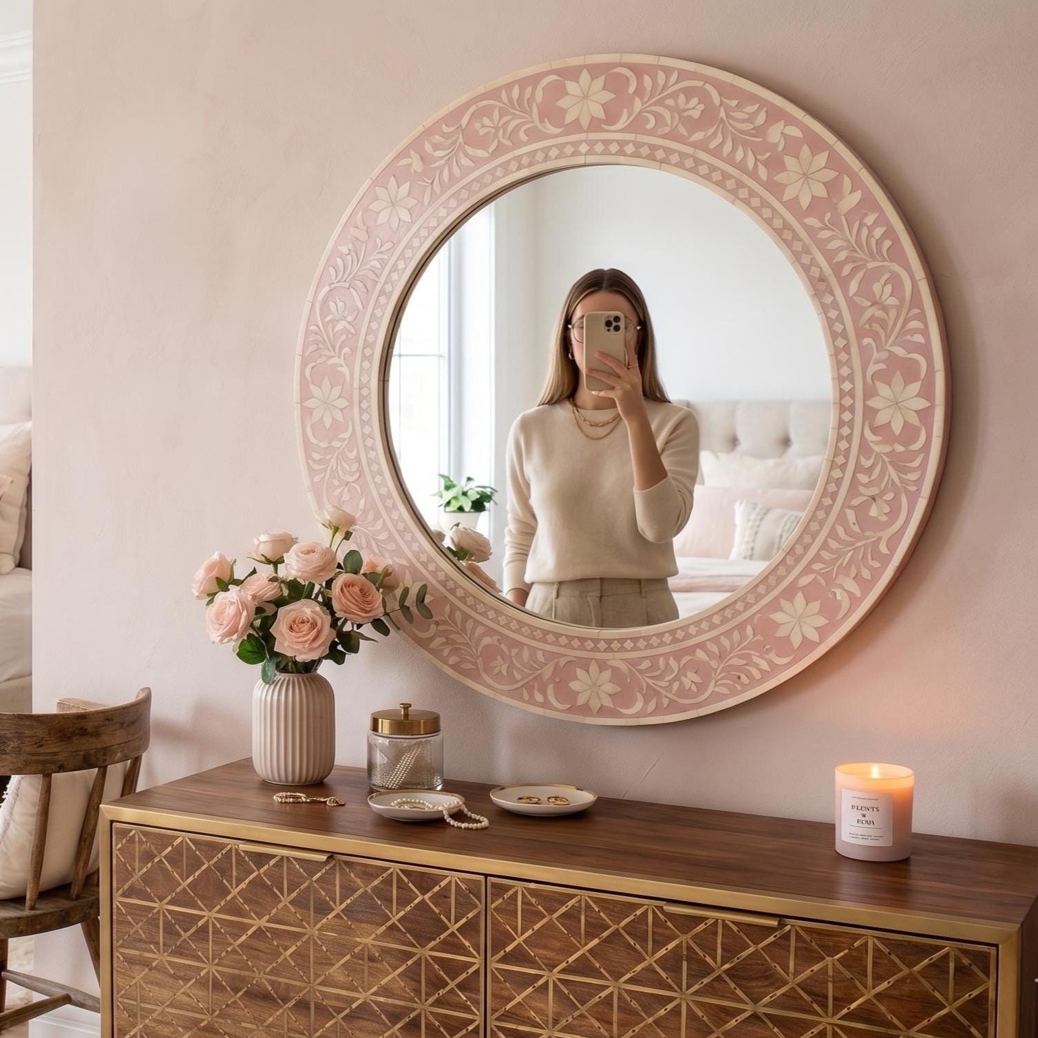 Blush Pink Floral Bone Inlay Mirror Unique Vanity Wall Decor