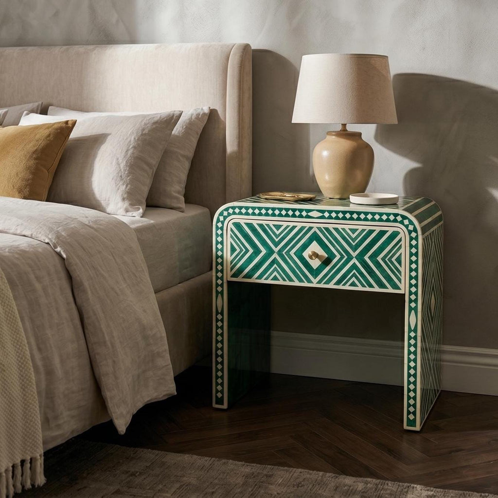 Emerald Green Bone Inlay Bedside Table Geometric Waterfall Design