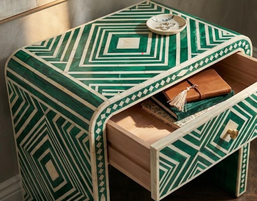 Emerald Green Bone Inlay Bedside Table Geometric Waterfall Design