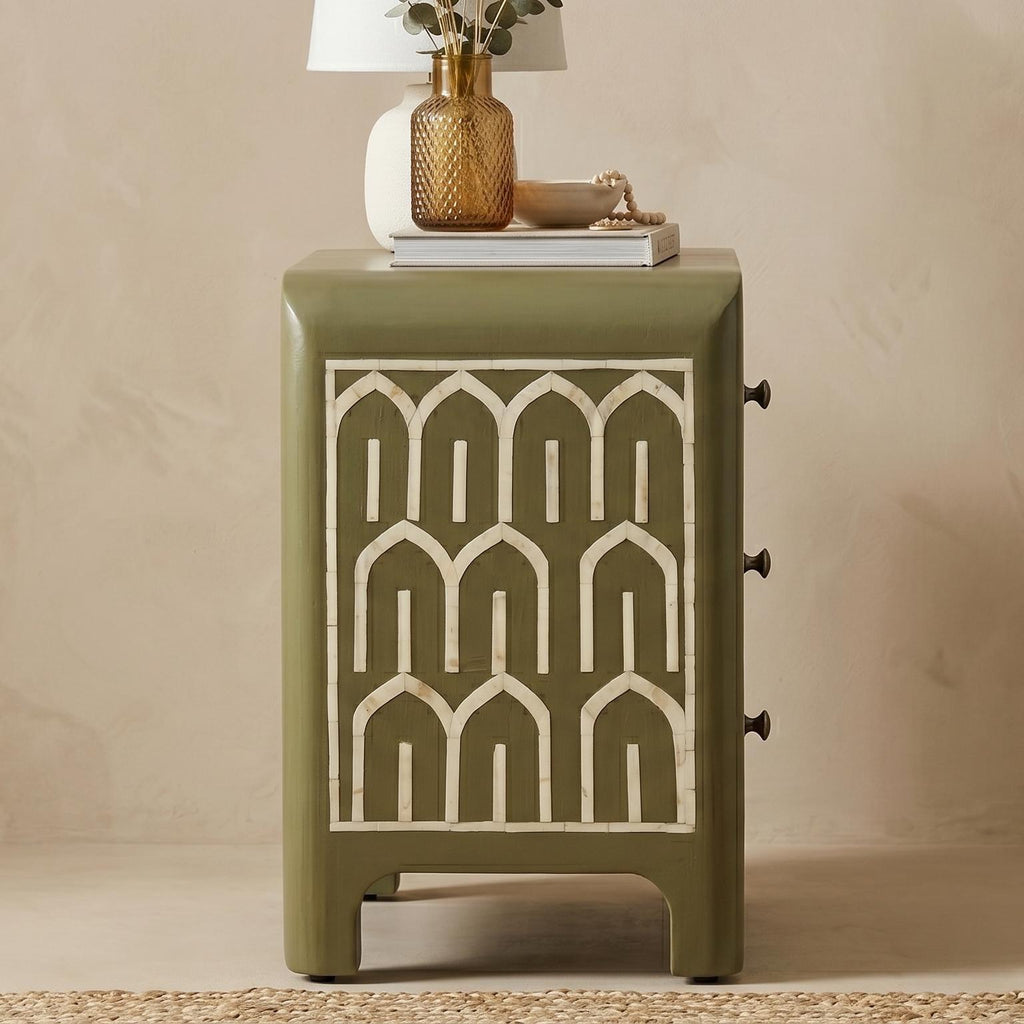 Dusty Olive Bone Inlay Bedside Table Arch Pattern Nightstand