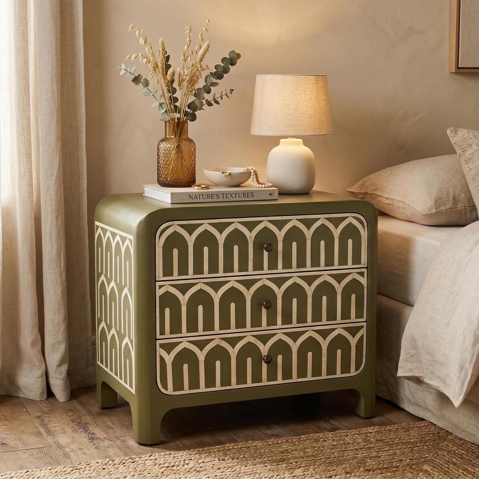 Dusty Olive Bone Inlay Bedside Table Arch Pattern Nightstand