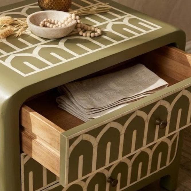 Dusty Olive Bone Inlay Bedside Table Arch Pattern Nightstand