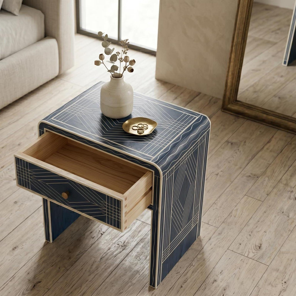 Navy Blue Bone Inlay Bedside Table Minimal Checker Pattern