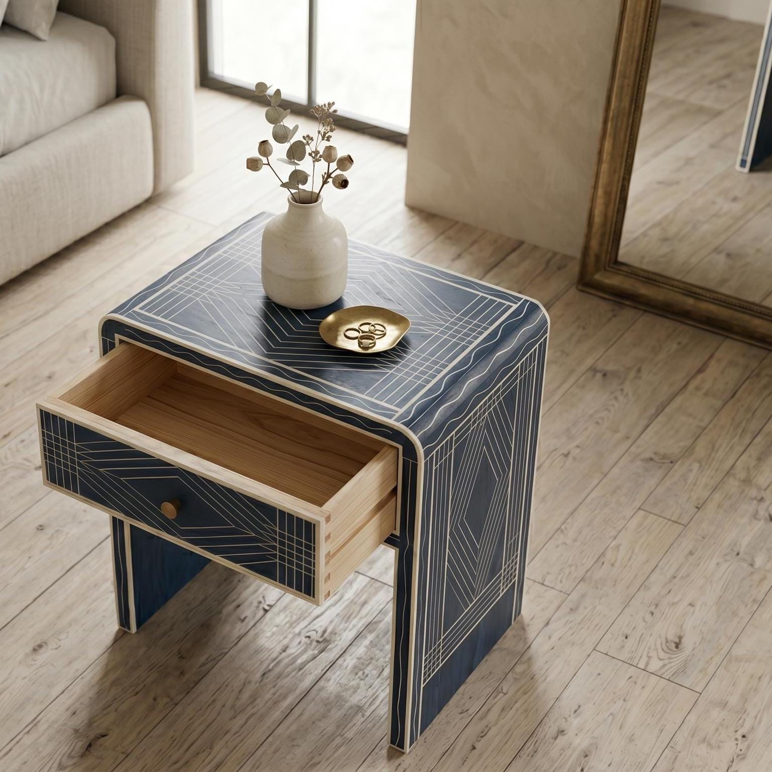 Navy Blue Bone Inlay Bedside Table Minimal Checker Pattern