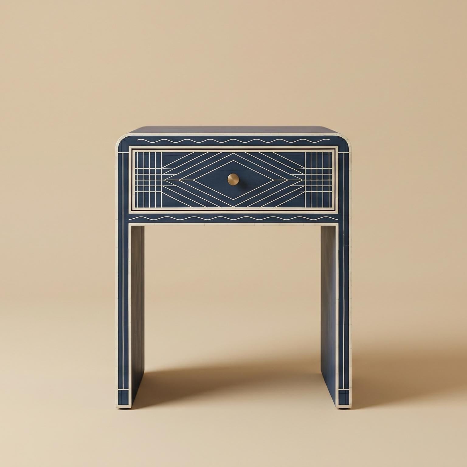 Navy Blue Bone Inlay Bedside Table Minimal Checker Pattern