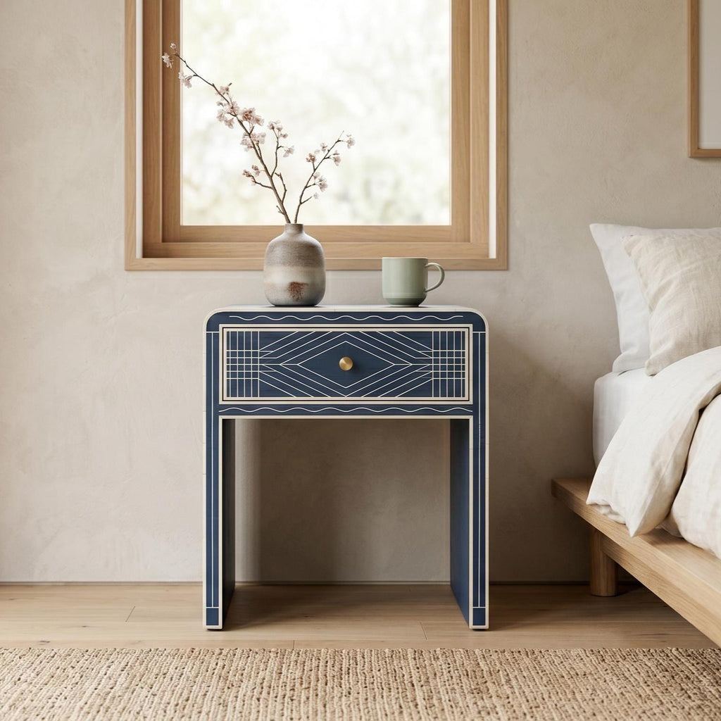 Navy Blue Bone Inlay Bedside Table Minimal Checker Pattern