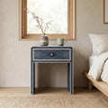 Navy Blue Bone Inlay Bedside Table Minimal Checker Pattern