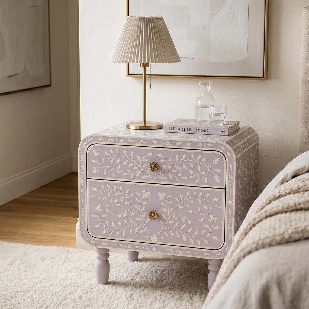 Lavender Bone Inlay Nightstand Floral Vine Pattern side table bedside