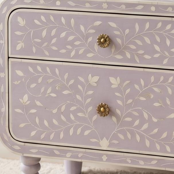Lavender Bone Inlay Nightstand Floral Vine Pattern side table bedside