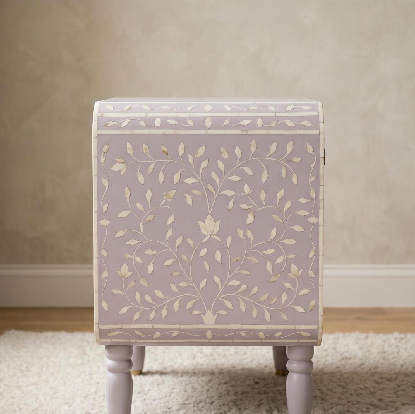 Lavender Bone Inlay Nightstand Floral Vine Pattern side table bedside
