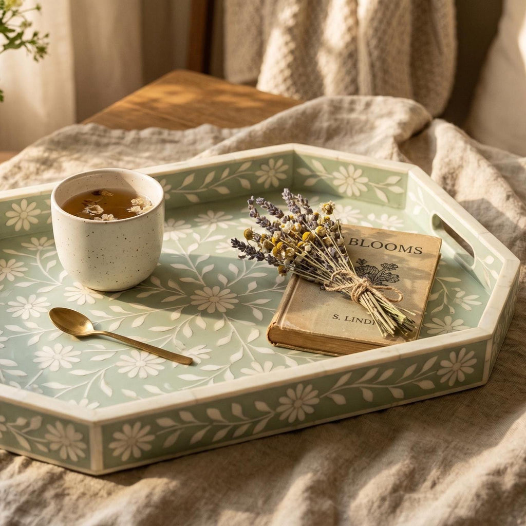 Sage Green Floral Tray Bone Inlay Daisy Pattern Handmade Decor