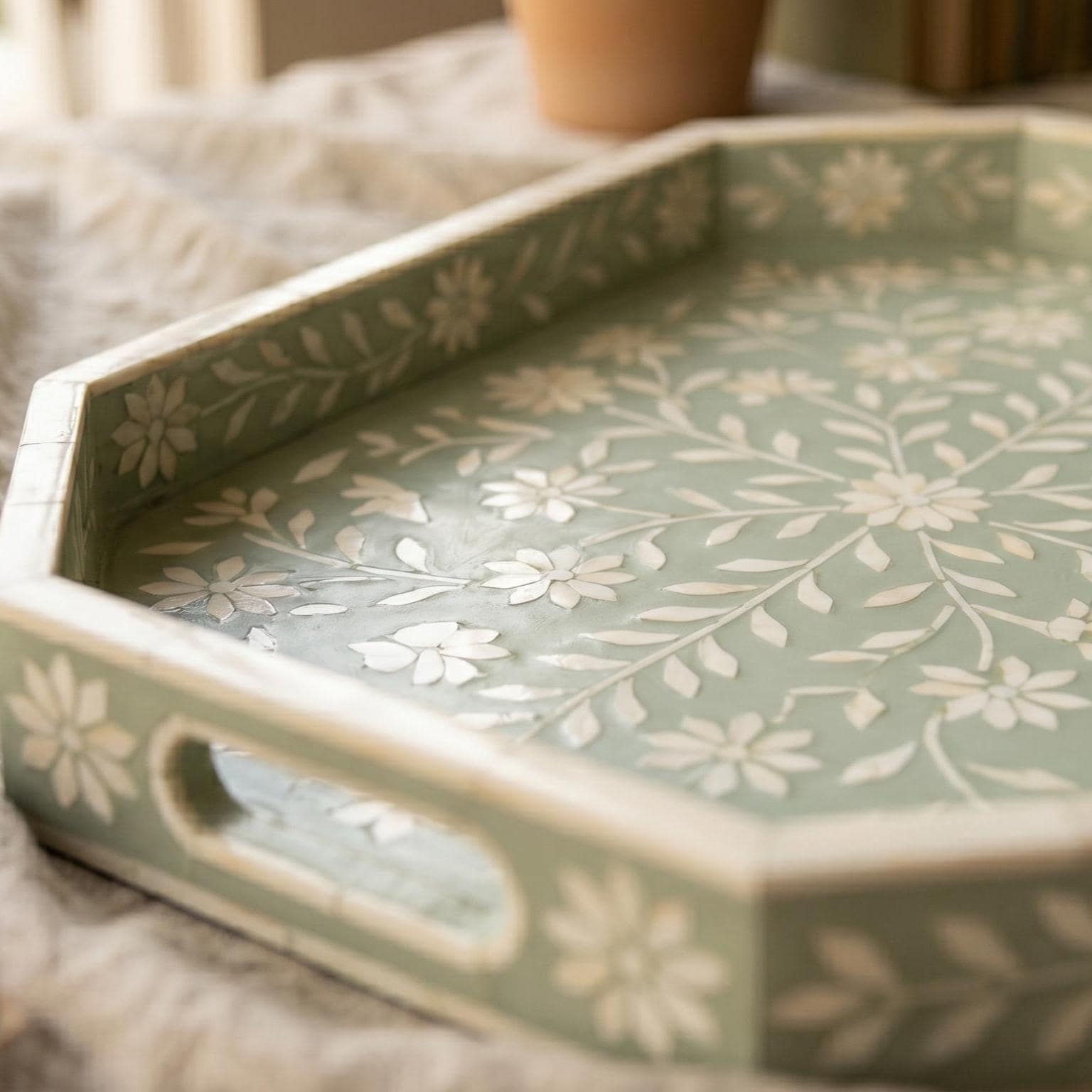 Sage Green Floral Tray Bone Inlay Daisy Pattern Handmade Decor