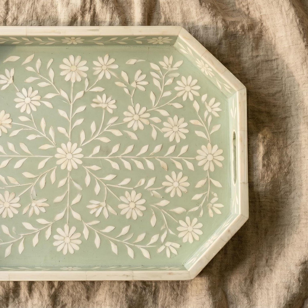Sage Green Floral Tray Bone Inlay Daisy Pattern Handmade Decor